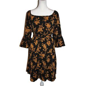 JECEIKA Women's Off Shoulder Ruffle Floral Dress Black Tan Belted Size Medium M